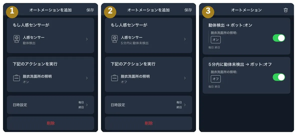 ローカル連携の設定手順(洗面所の例)。①「動体検出」でボットをオン ②「5分内に動体未検出」でボットをオフ ③一覧にON用・OFF用の2つが並んだ完成形